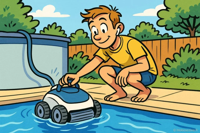Garçon utilisant un robot nettoyeur de piscine