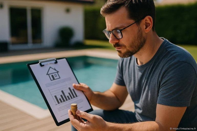 Homme examinant finances immobilier piscine