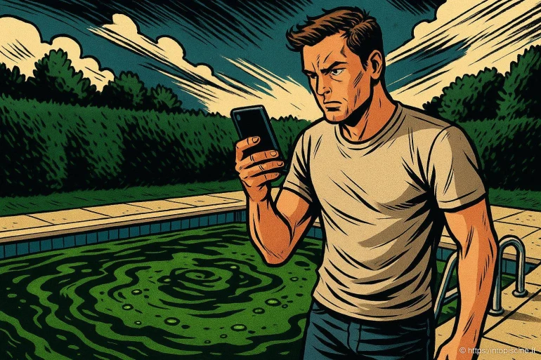 Homme regardant son téléphone près d'une piscine verte