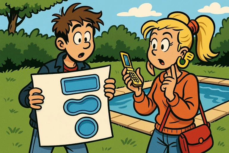 Jeune homme montre plan piscine à femme