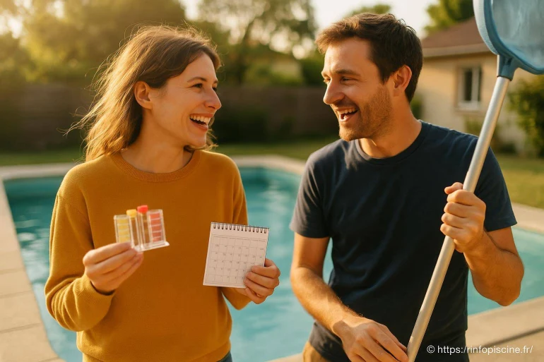 Couple vérifiant qualité eau piscine