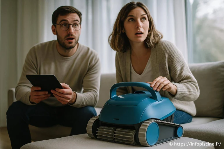 Couple surpris avec robot piscine bleu