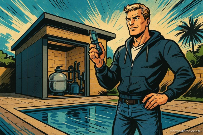 Homme devant piscine avec téléphone portable
