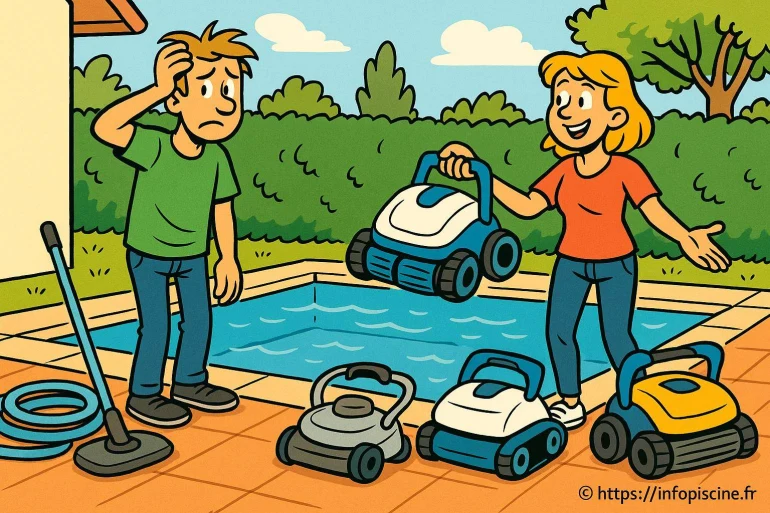 Deux personnes choisissant un robot nettoyeur de piscine