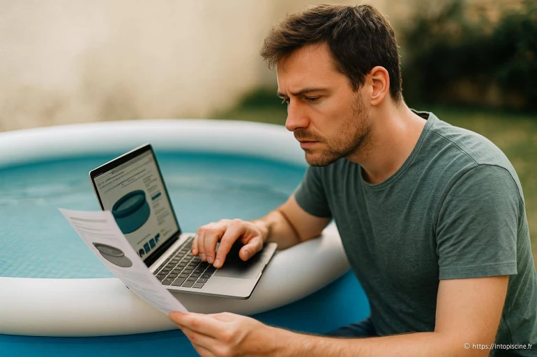 Homme consulté manuel et ordinateur piscine