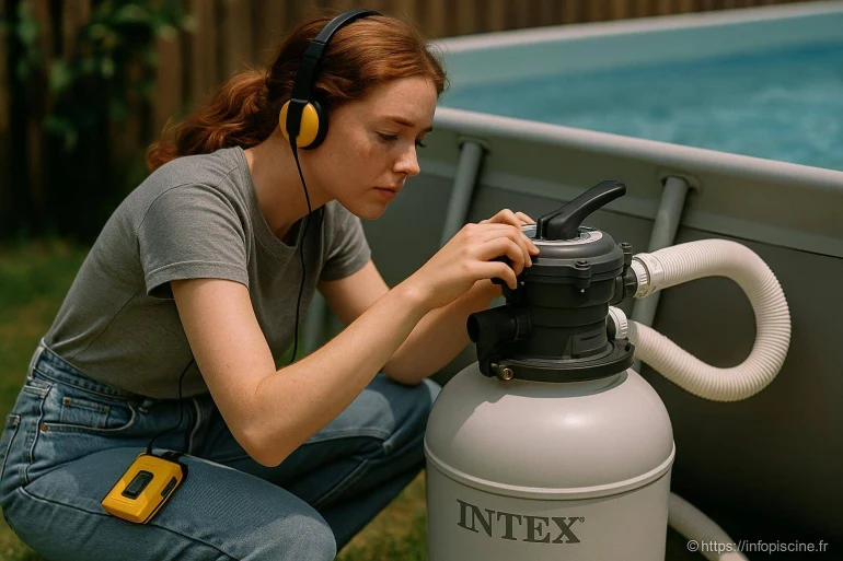 Femme réglant pompe de piscine Intex