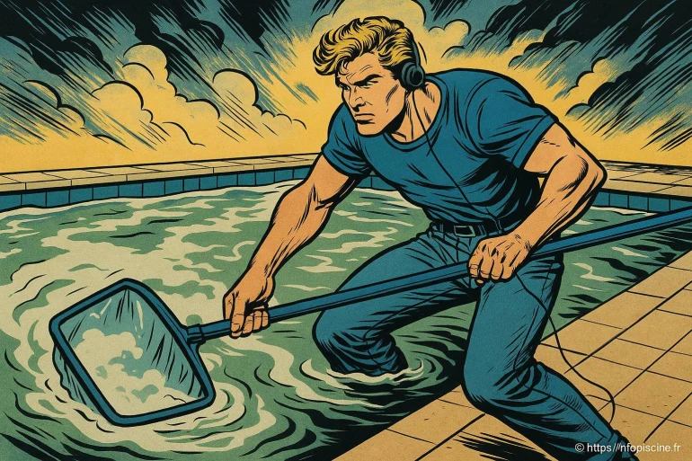 Homme nettoyant une piscine avec filet