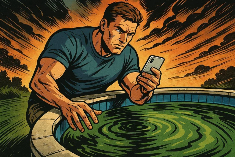 Homme regardant un smartphone près d'un bassin