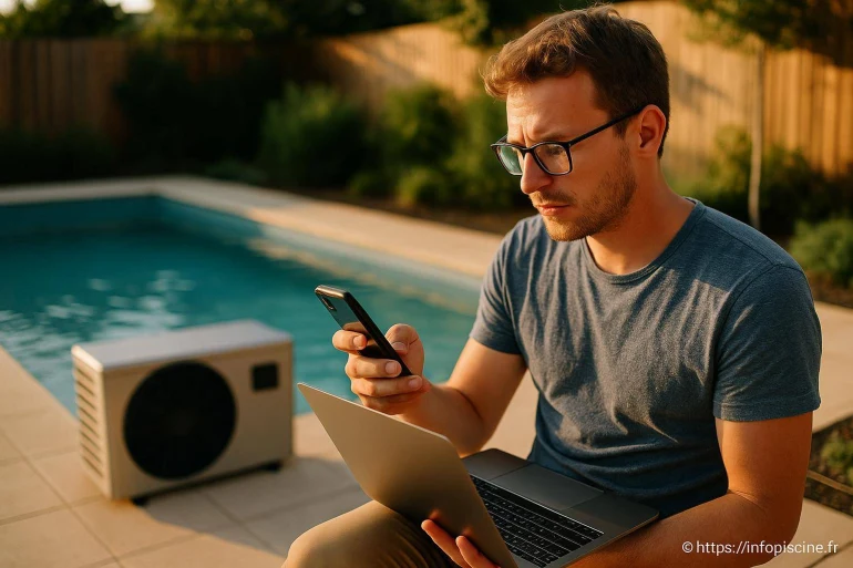 Homme utilisant smartphone et ordinateur près piscine