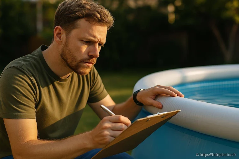 Homme inspectant piscine gonflable avec clipboard