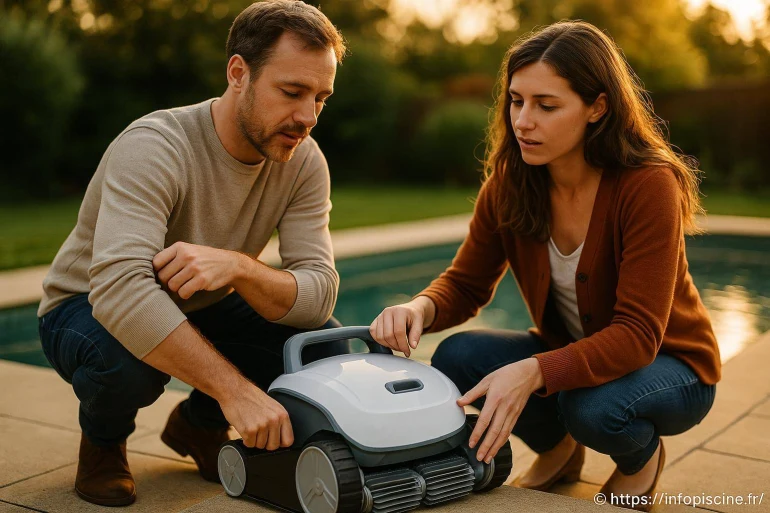 Couple inspectant un robot nettoyeur de piscine