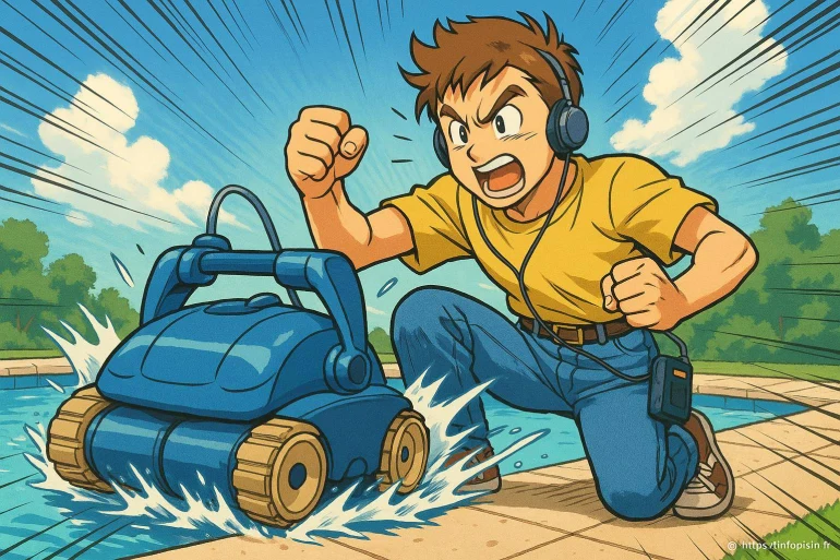 Jeune homme anime controle robot piscine