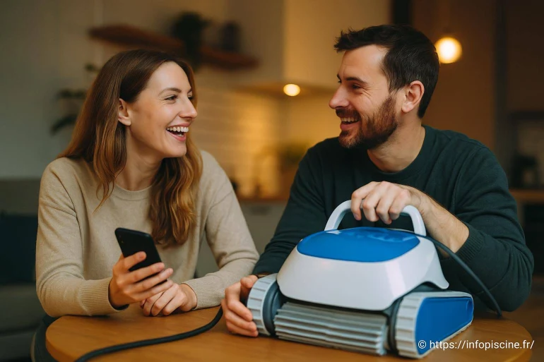 Couple souriant avec robot piscine sur table
