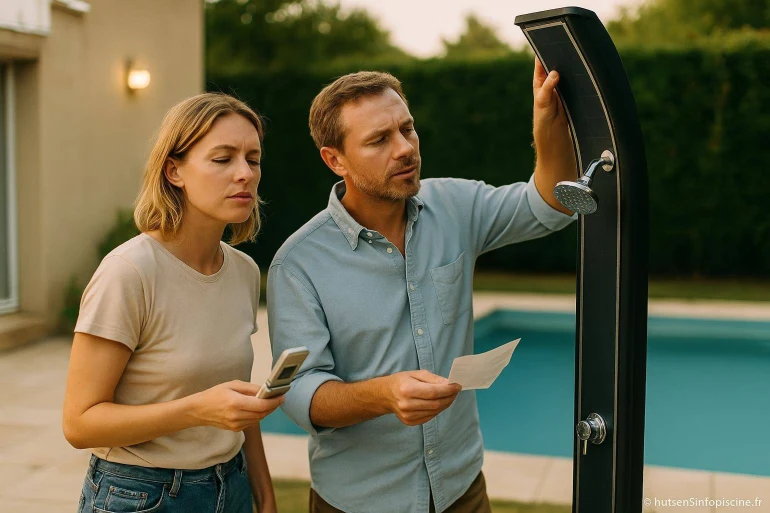 Couple installant une douche solaire extérieure