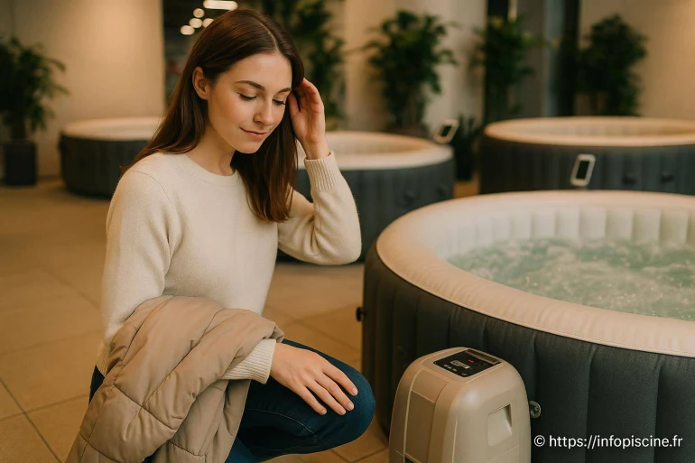 Femme vérifiant un spa gonflable intérieur