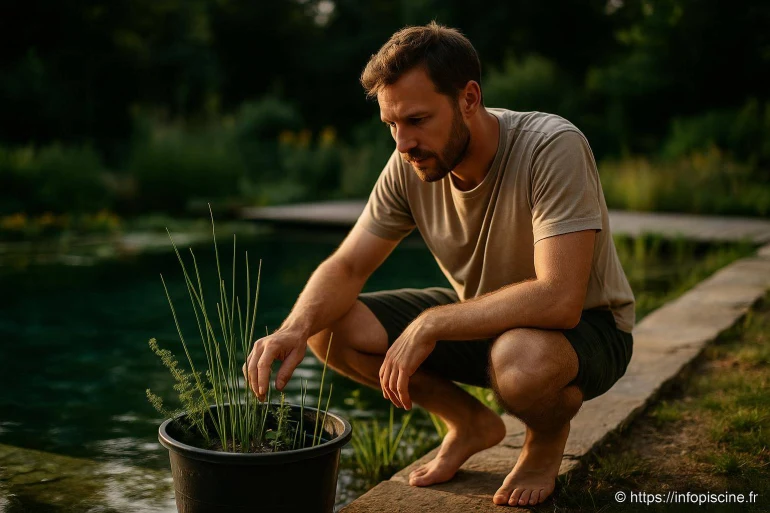 Homme jardinant près d'un bassin naturel