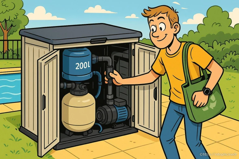 Homme vérifiant pompe de piscine extérieure