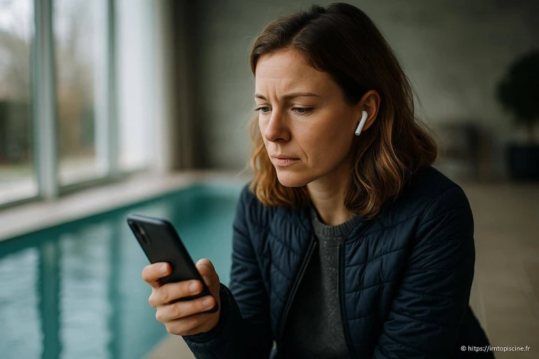 Femme concentrée regardant smartphone avec écouteurs
