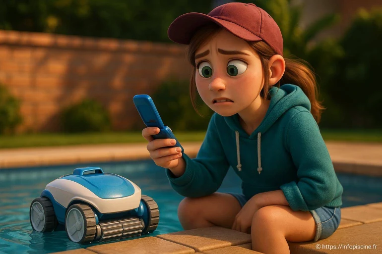 Jeune fille anxieuse avec robot piscine