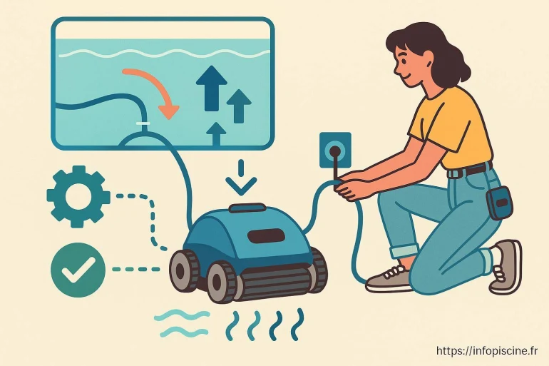 Femme connectant robot piscine électrique