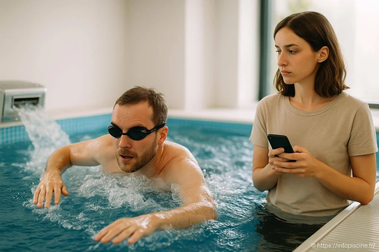 Homme nageant femme surveillant piscine