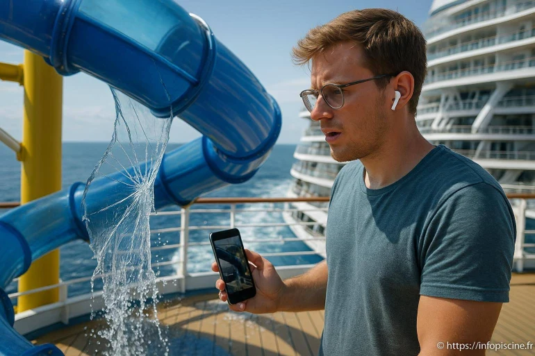 Homme surpris par fuite d'eau toboggan bateau