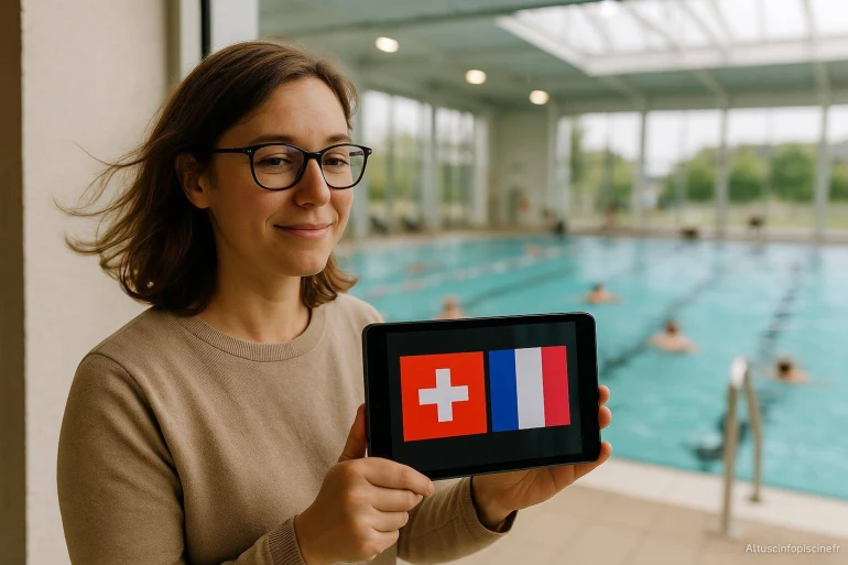 Femme tenant tablette avec drapeaux suisse et français