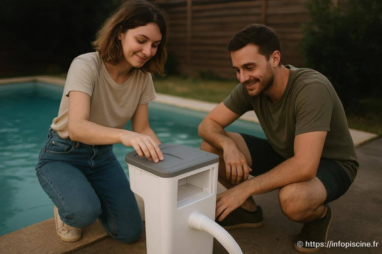 Couple installant un filtre de piscine