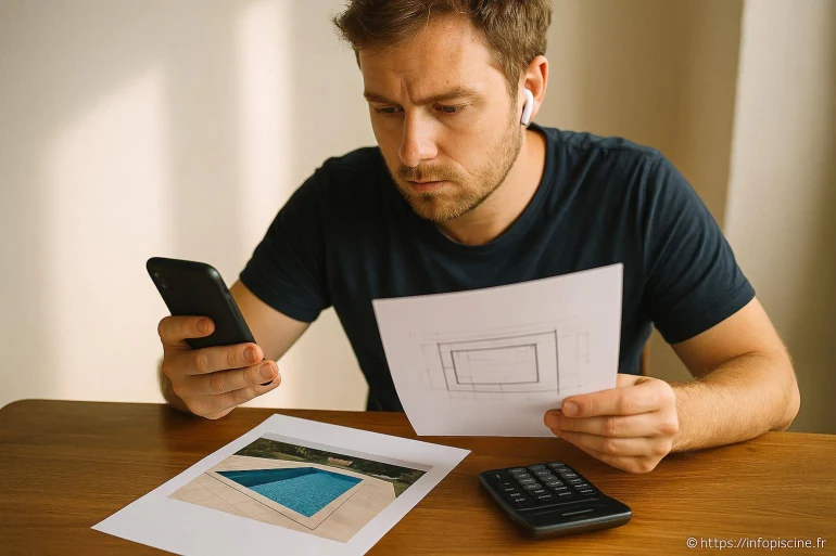 Homme étudiant plans piscine avec téléphone
