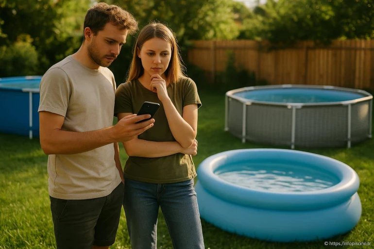 Couple regarde téléphone près piscines gonflables