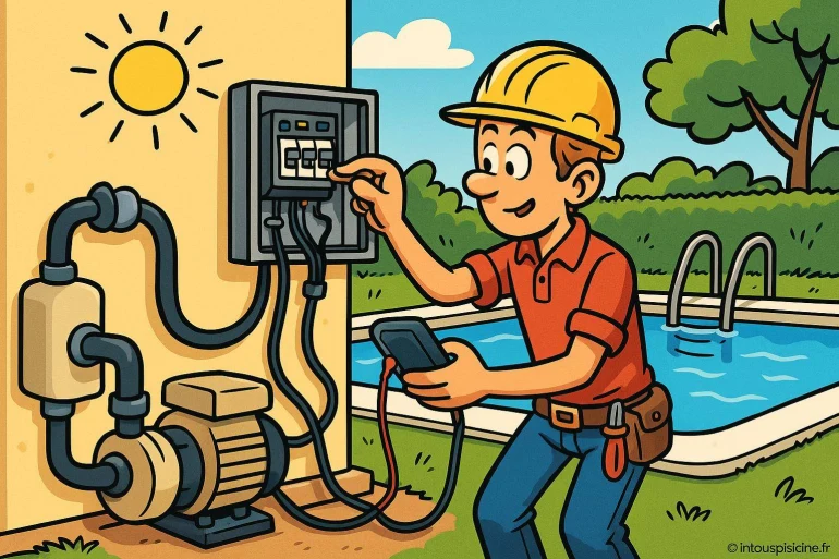 Technicien vérifiant pompe piscine électrique