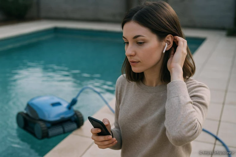 Femme utilisant smartphone près piscine robot