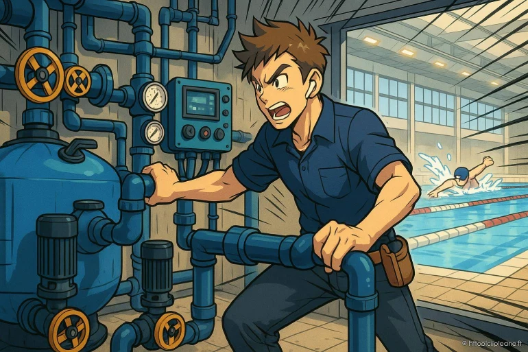 Technicien réparant système de piscine