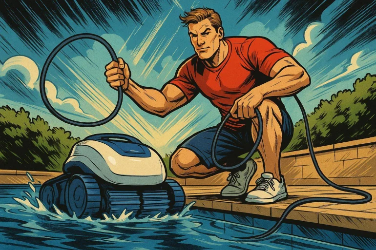 Homme utilisant robot nettoyeur piscine