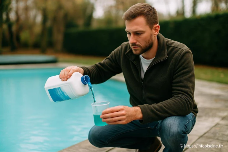 Homme versant produit pour piscine