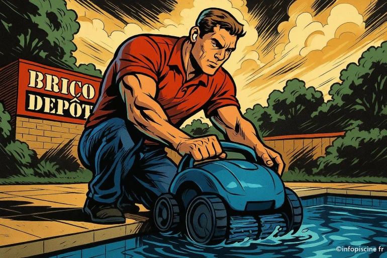 Homme installant robot nettoyeur piscine