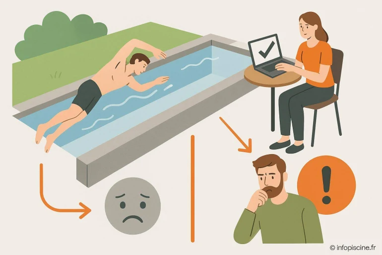 Homme nageant piscine femme ordinateur réflexion