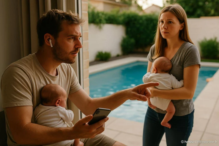 Couple avec bébés près d une piscine