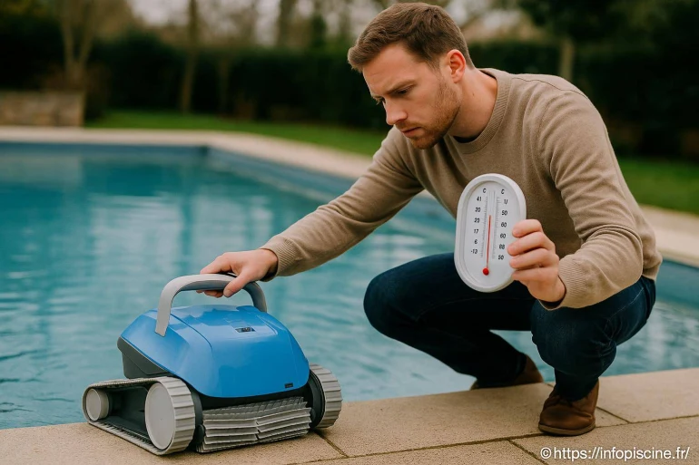 Homme testant température piscine avec robot