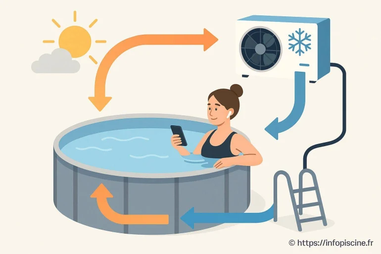 Femme dans piscine avec pompe à chaleur