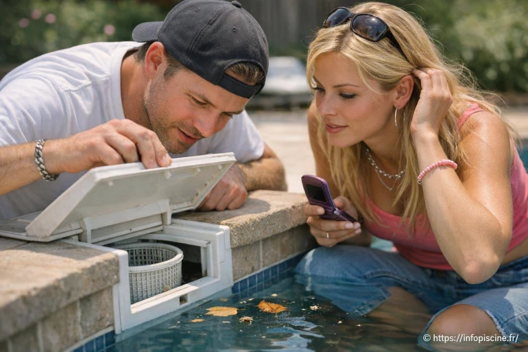 Couple inspectant le skimmer de piscine