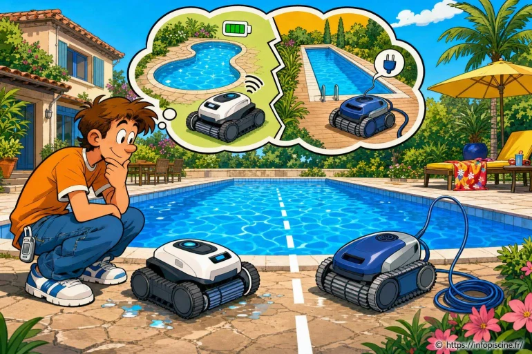 Jeune homme compare robots nettoyeurs piscine
