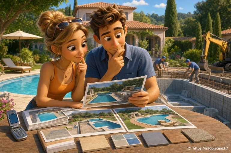 Couple choisissant design piscine en construction