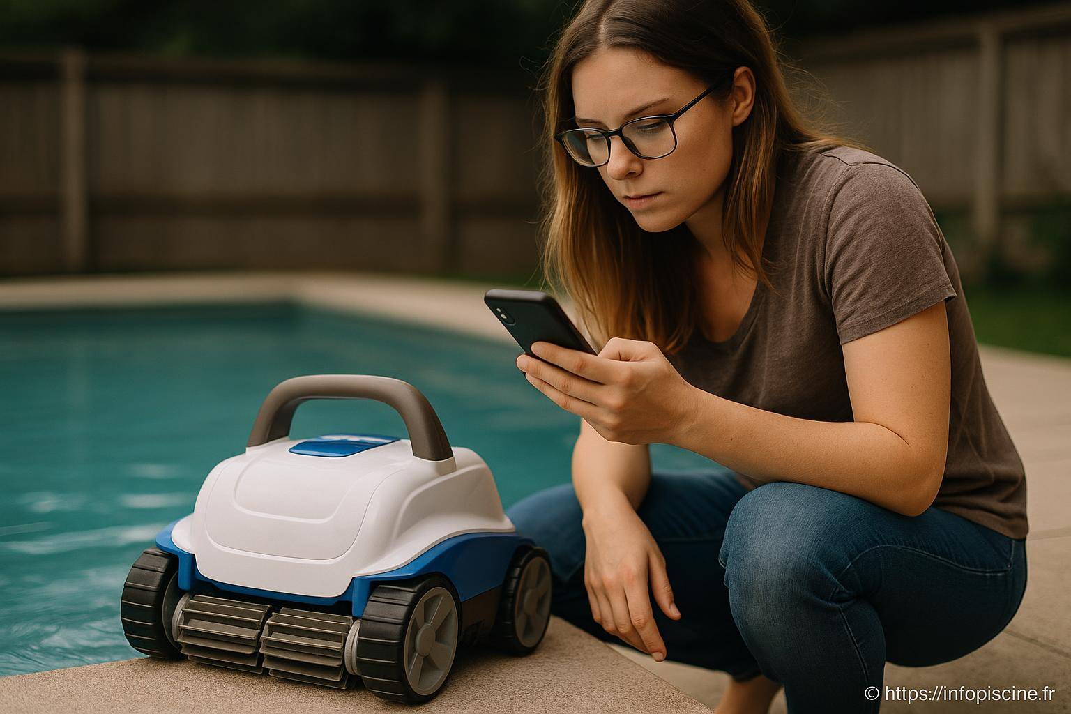 femme contrôle robot nettoyeur piscine smartphone