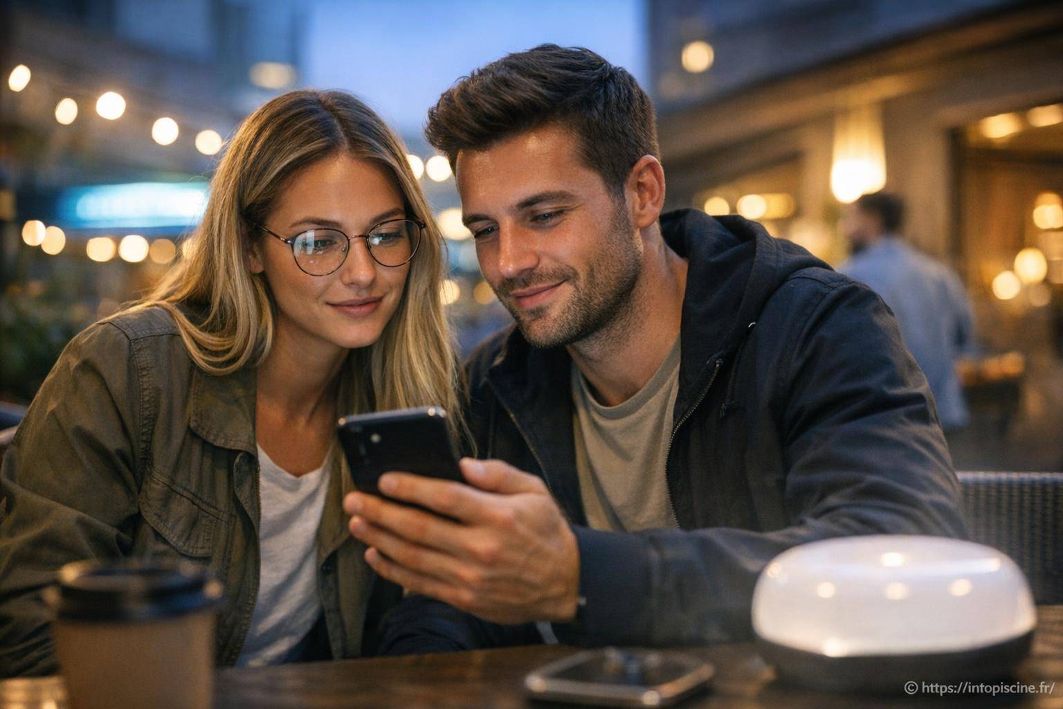 Couple regardant un smartphone en terrasse