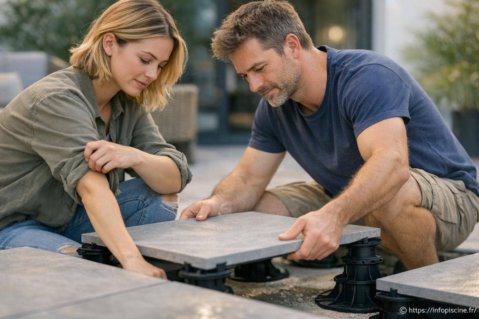couple pose dalles terrasse sur plots