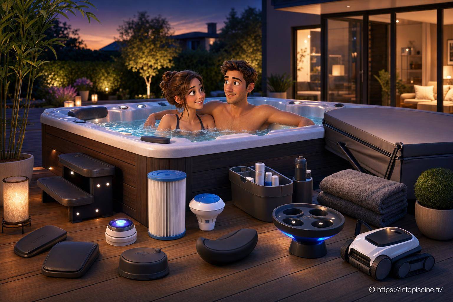 Couple dans un spa extérieur en soirée