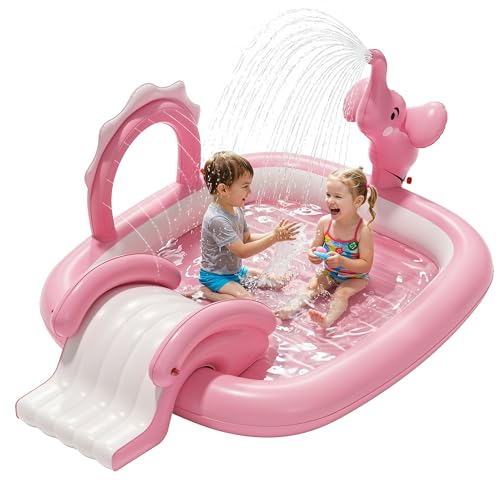 QPAU Piscine Gonflable Enfant Éléphant avec Toboggan et Jet 