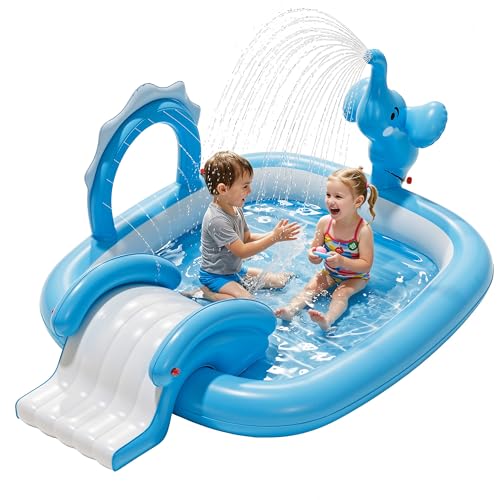 QPAU Piscine Gonflable Enfant Éléphant avec Toboggan et Jet 